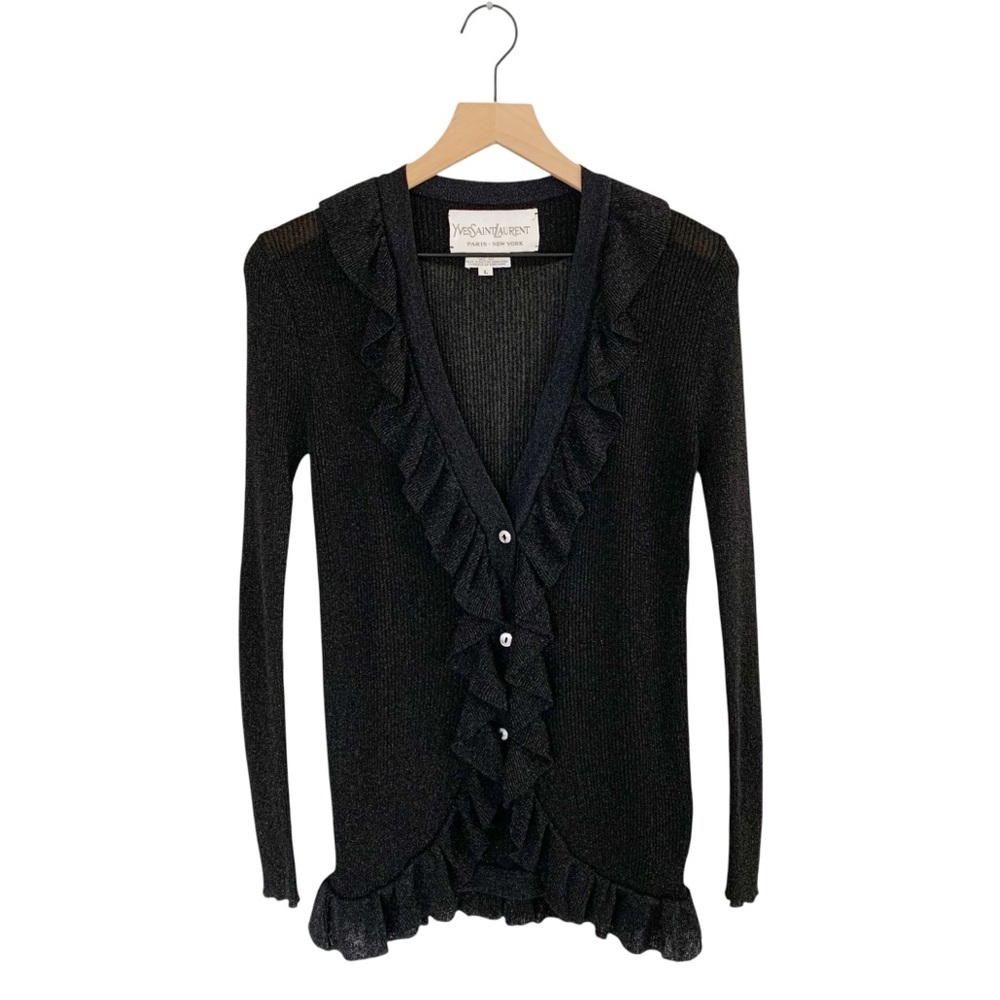Vintage Yves Saint Laurent Black Metallic Ruffled Lapel Cardigan- Rare Find - Picture 2 of 11